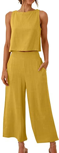 Linen Sets for Women 2 Piece Outfits Solid Sleeveless Crop Tops Loose Fit Round Neck Summer Tank Tops & Wide Leg Pants with Pockets Casual Tracksuits Lounge Sets