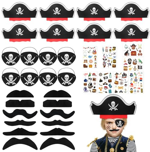 JOYUE 36 Piezas Juguete Pirata Favores Fiesta Cumpleaños Infantil, Sombrero Pirata Niño Parche Pirata Bigote Tatuajes Pirata, Accesorios de Pirata Niños para Fiesta Pirata Infantil Juego de Roles