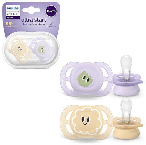 Philips AVENT Ultra Start Schnuller, kiefergerecht geformter Schnuller für Neugeborene, BPA-frei, mit Sterilisations-,Transportbehälter, Doppelpack, lila,orange, Modell SCF075/03