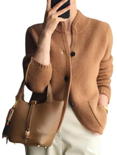 Nbzsmlkn Women's Knitted Cardigan Jacket with Button,Women's Casual Long Sleeve Button Down Cardigan Sweater Knit Outwear,Stand Neck Loose Knit Sweater Jacket (Camel,M)