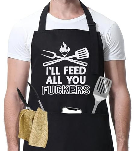 Wisebom Funny 'I'll Feed All You' Black Chef Apron with 3 Pockets, Adjustable Kitchen Apron for Men