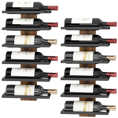 Hoctieon 2-Set 6 Tier Wall Mount Wine Rack, Wall Mounted Wine Bottle Racks for Display and Storage, Hanging Bottle Holder, for Living Room, Kitchen, Bar, Wine Cellar, Rustic Brown
