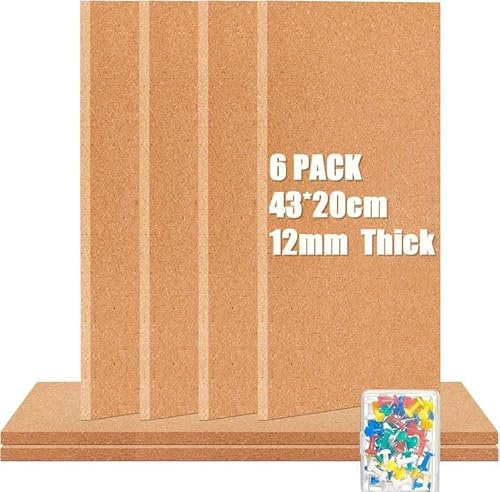 ASMIZ 6 Stück Selbstklebende Kork-Borad, 12mm Dicke Korkfliesen, Wände Pinnwandstreifen für Büro, Fotos, Zeichnungen und Bilder – Braun (43 x 20 cm)