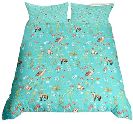 Homewish Floral Double Bed Bedding Sets for Kids Adults, Microfiber Reversible Duvet Cover Sets Wild Animals Print, Aesthetic Teal Woodland Bedding & Linen, Botanical Flower Plants Duvet Cover