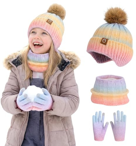 Spiritzohic Kids Winter Beanie Hat Scarf Gloves Set, 3 in 1 Thermal Knitted Pom Pom Hat Snood Gloves Winter Accessories Beanie Hats and Glove for Boys Girls Children 2-10 Years Old