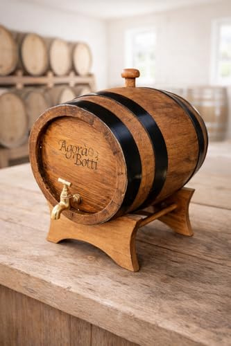 Agorà Botti Botte di Rovere da 5 Litri, Verniciata Noce Scuro con Cerchi Neri, Completa di Supporto, Tappo e Rubinetto in Ottone