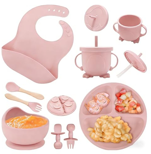 ABCORPHIC Barnserviettsats av silikon, 8 delar (babytallrik med sugkopp, sked, gaffel, skål, haklapp, mugg), utan BPA, diskmaskin- och mikrovågssäker, blå (rosa)