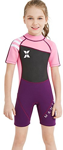 Akaeys Niñas Niños 2,5 mm de Grosor Premium – Bañador de Neopreno Corto o Largo Cremallera Trasera una Pieza térmica UV Protección jóvenes Nadar Traje, Short Arm: Black-Pink