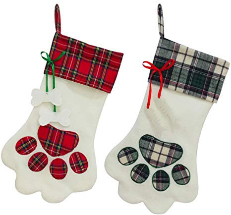 SherryDC Cat Paw Christmas Stockings, Plush & Plaid Hanging Socks for Holiday and Christmas Decorations