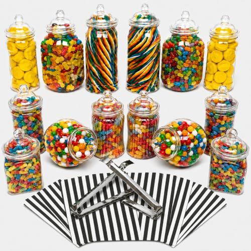 14 Plastic Sweet Jars, 7 Styles, 2 Tongs and 50 Bags. Ideal for Party, Wedding, Sweet Table, Candy Buffet (Black Candy Stripe Bags)