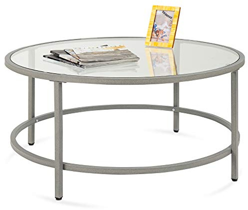 Best Choice Products 36in Modern Round Tempered Glass Accent Side Coffee Table for Living Room, Dining Room, Tea, Home Décor w/Metal Frame, Non-Marring Foot Caps - Gray