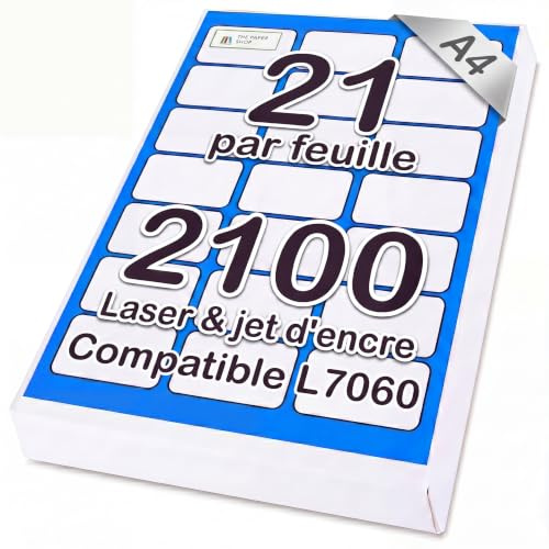 The Paper Shop Étiquettes d'Adresse Autocollantes A4 21 par Feuille - Blanches (2100 Étiquettes) | Papier Autocollant Imprimable 63,5 x 38,1 mm Laser et Jet d'Encre | Expédition Avery Compatible