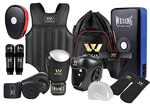 Wesing Martial Arts Protector Equipments Sanda Kickboxing kit 11pcs Gear Set for Men Women (L, Black)