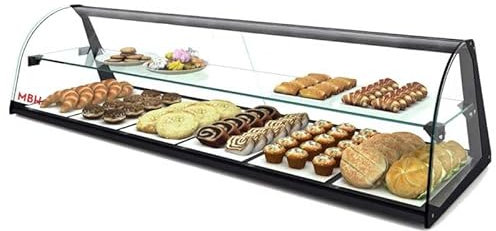 MBH - Neutrale Gebogene Doppelvitrine 84 cm, 2 Ebenen, für Gastronomie. Neutrales Glasdisplay für Bars und Restaurants.