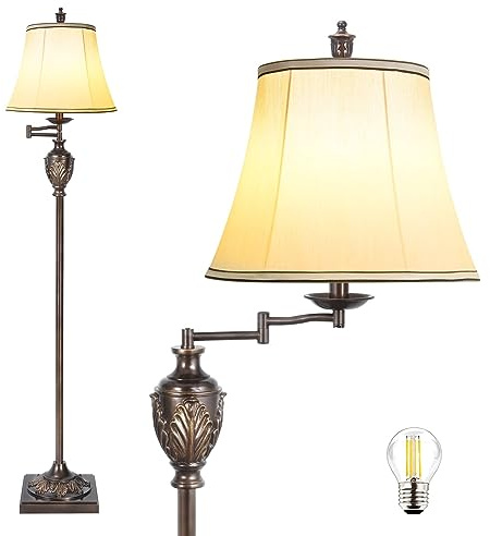 Traditional LED Floor Lamp with 350° Adjustable Swing Arm Lamp – Vintage Standing Pole lamp for Living Room, Bedroom and Office – Rustic Upright Floor Light for Home Décor with Faux Silk Fabric Shade
