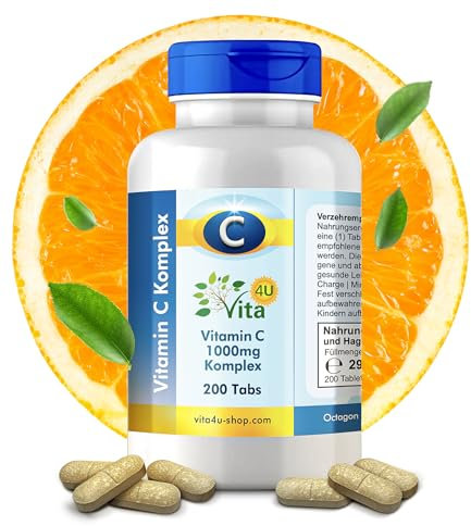 Premium Vitamin C 1000 mg + 125 mg Citrus-Bioflavonoide mit 80% Flavonen aus Hesperidin + Hagebutte - vegan & laborgeprüft - 200 Tabletten - Immunsystem Energie Psyche Knochen