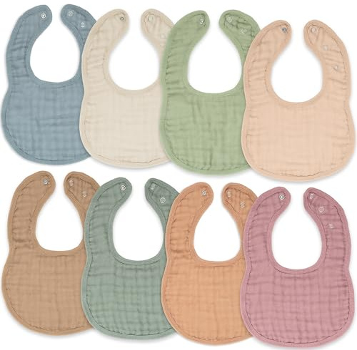 Comfy Cubs Muslin Bibs for Babies, Pack of 8 - Soft and Highly Absorbent, Feeding, Drool and Teething Bib, Adjustable Snaps - Stylish & Colorful Unisex Designs, Giftable Set - Multicolor