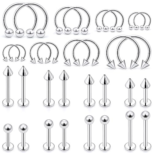 Ftovosyo Lip Rings 32PCS Labret Jewelry Monroe Lip Barbell Ring Snake Bite Piercing Jewelry 16G Helix Earring Daith Tragus Cartilage Studs Surgical Steel Piercing Jewelry for Women Men