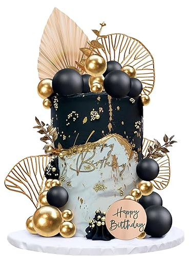 Boho Cake Topper Happy Birthday Cake Decorations with Balls Eucalyptus for Wedding Birthday Supplies (Black)