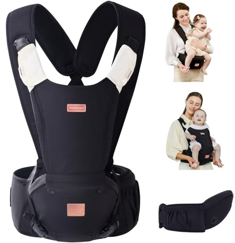 Bebamour Babytrage Neugeborenes bis Kleinkind X Serie Babytrage Hüftsitz mit 2PCS Beißkissen, Taille Polsterung,Black