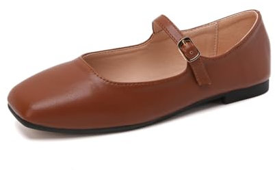 Amtopiyo Mujer Retro Punta Cuadrada Mary-Janes Piel de Microfibra Bailarinas SH053 Marrón EU37.5=CN38