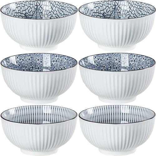Houlu ceramic rice bowl 30 oz, Japanese bowl set, various tableware for grains, soups, desserts, snacks, fruits, Pack of 6