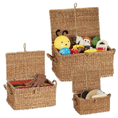 Relaxdays Aufbewahrungsbox Set, 3 Seegras Flechtkörbe in versch. Größen, mit Deckel & Griffen, Bad Aufbewahrung, Natur, 3