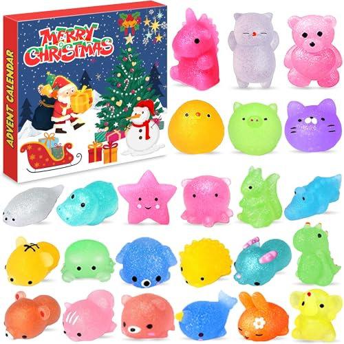 Chennyfun Glitter Mochi Squishy Toys Advent Calendar 2025, Christmas Countdown Calendar Squeeze Animal Toys, Stress Relief Toys Bag Fillers Birthday Party Favors for Kids and Adults
