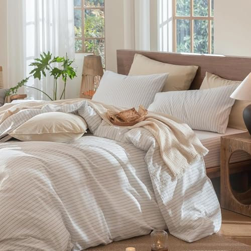 Lanqinglv Bettwäsche 135x200 Baumwolle Gestreift Weiß,100% Renforce Baumwolle Bettwäsche Set mit Reißverschluss,ÖKO-TEX Bettwäsche für Allergiker Geeignet,1 Bettbezug & 1 Kissenbezug 80x80 cm