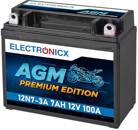 Electronicx, AGM, Motorradbatterie Premium Edition, 12N7-3A 12V 7Ah 100A CCA – wartungsfreie versiegelte Starterbatterie für Motorrad, Roller, Moped, Quad. Kompakt, vibrationsfest & auslaufsicher.