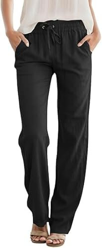 Friptspyg Palazzo Hosen Lässige Hosen Damen Sommer Elastische Bund Freizeithosen mit Taschen,Schwarz L