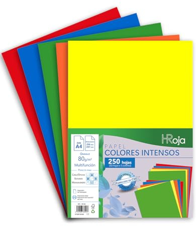 HRoja - Folios Colores Intensos A4 80 gr, 250 hojas, Papel Multifunción apto Impresoras Inkjet y Láser - 210 x 297 mm - Ideal para Oficina, Hogar, Manualidades y Origami (Surtido Tonos Intensos)