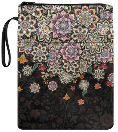 Buchumschlag Buchhülle, leicht, Buchschutz mit Reißverschluss, waschbarer Stoff, Buchtasche, 29,5 x 22,6 cm, für Buchliebhaber, Bohemian-Blume, Schwarz