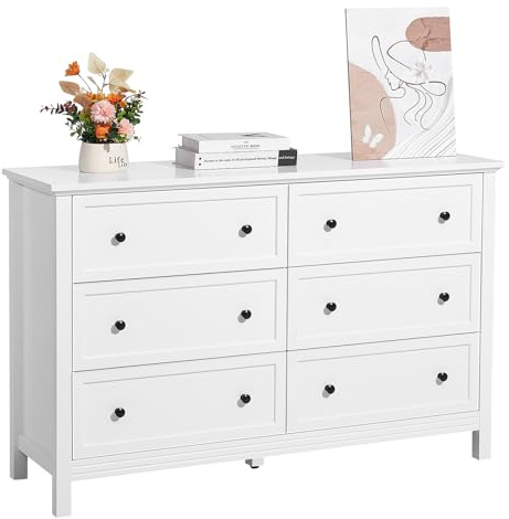 VEVOR Commode 6 tiroirs, Meuble de Rangement en Bois avec système Coulissant et Anti-basculement, Style rétro Minimaliste, Meuble TV de Rangement, Armoire pour Salon, Couloir, Chambre, entrée, Blanc