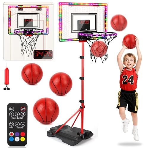 Canestro Basket Bambini, Canestro Basket da Sopra la Porta con Elettronico Punteggio Record, Luce LED, Suoni di Tifo, Altezza Regolabile, Giocattolo per Interno Esterno, Regali Bambino 3 4 5+ Anni