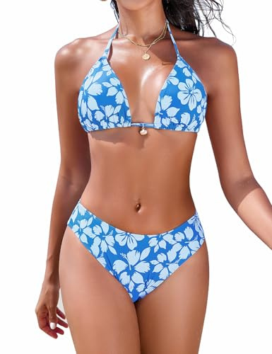 Nadeer Costume da Bagno Donna Due Pezzi Bikini Set Triangolo Sexy Halter Reggiseno Costumi da Bagno 2 Pezzi a Vita Alta Abiti da Spiaggia Costumi Mare e Piscina(Fiori Azzurri,L)