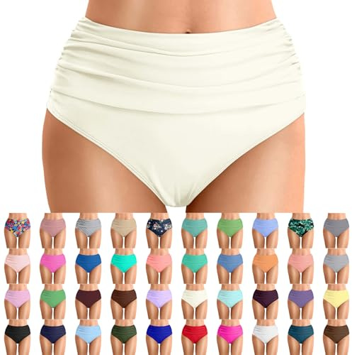 Generico Donna Bikini Slip Vita Alta Costume da Bagno Ruched Brasiliana Briefs Pantaloncini da Bagno Gonna da Bagno Estate, 15-Beige, L