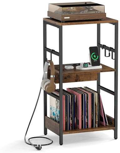 COSTWAY Soporte para Tocadiscos con Estación de Carga, Mueble Tocadiscos Vinilos con Separadores, 3 Ganchos, Mueble de Almacenamiento de 3 Niveles para Discos Álbumes Salón (40×30×78cm)