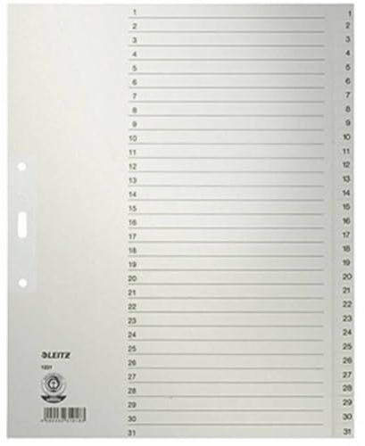 Leitz pappersregister, siffror/1231-85 A4, 240 mm, 300 mm grå 1–31 100 g/kvm