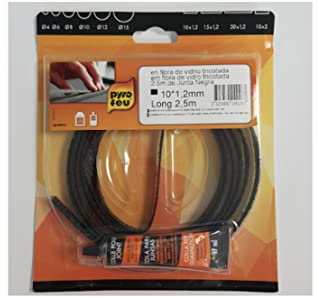 Pyrofeu Joint Plat pour Insert et Poêle Longueur 2,5m, 10x1,2mm - Excellente Étanchéité à l'Air - Résistance 500°C - Conforme aux Joints des Constructeurs - Inclus Colle Réfractaire Noire