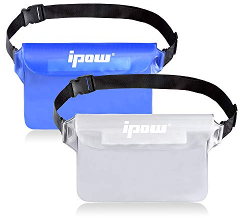 IPOW 2PCS Pochette Étanche à Ceinture Certifiée IPX8 Sangle Ajustable 3 Zipper Plastique Housse à Ceinture/Etui Imperméable/Sac pour Nautique,Pêche,Kayak,Baignade,Protection Téléphone/Argents/Cartes
