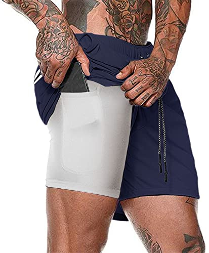 Kfnire Shorts de Course pour Hommes avec Poche Intégrée, Respirant 2-in-1 Short Sport de Compression Short Actifs Jogging Séchage Rapide D'entraînement de Gymnastique Court,Navy,L