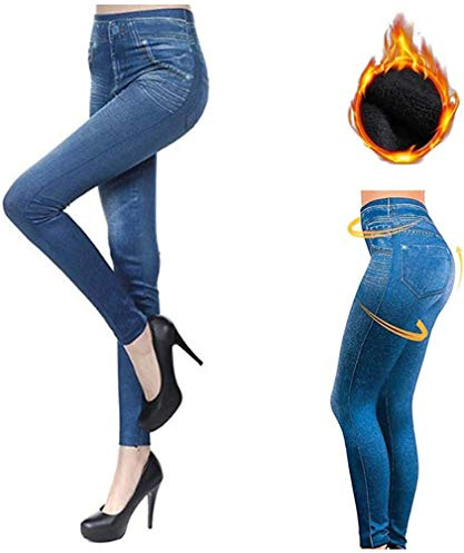 Aventy Thermal Fleece Lined Denim Look Ripped Skinny Legging Jeggings - Women's High Waist Thick Stretchy Ripped Pants (Blue, XL)