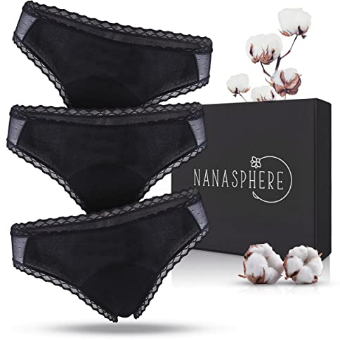NANASPHERE Mutande Assorbenti Mestruali Set di 3 + Sacco Lavaggio | Donna Ciclo Flusso Abbondante | Cotone Organico | Slip Mestruale Donna | Incontinenza Perdita Urinaria Post Parto Adolescente (S)