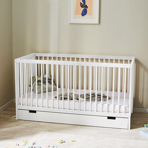 Kids Collective Lit bébé lit d'enfant lit à barreaux 70x140 réglable en Hauteur - barreaux Amovibles, avec tiroir | Bois de hêtre Blanc très Stable Made in Europe