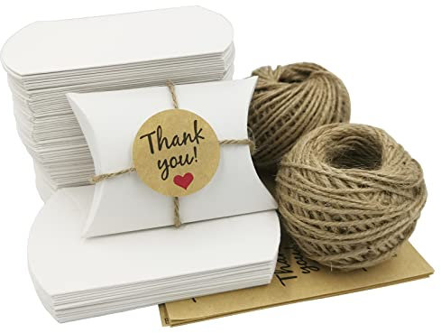 DUGYIRS 100 Stück Geschenkbox aus Kraftpapier Klein Geschenkboxen 9cm x 6cm,Hochzeitsfeier Vintage Geschenkbox mit 60m Juteschnur und 120 Stück Thank You Papieraufkleber für Bonbons Kekse(Weiß)