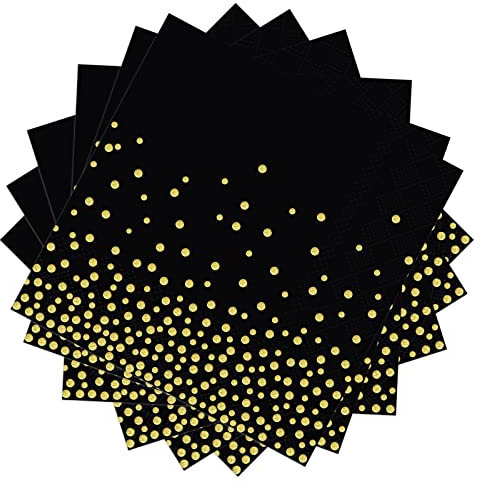Servietten, Goldfolie Party Servietten Schwarz Golddruck Gepunktete 3-lagig Papier Servierten, 80 Stück Abendessen-Servietten 33x33cm Papierservietten mit metallic Aufdruck