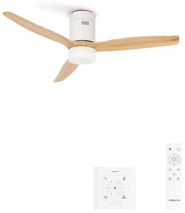 CREATE / WINDCALM/Ventilador techo ABS con luz blanco aspas efecto madera clara con controlador y mando / 40W, Silencioso, Ø132 cm, 6 velocidades, 3 temperaturas de luz, función verano-invierno