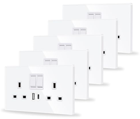 JIMEIDA 5 Pack Double Switched Socket White 20W Fast Charging 13 Amp with USB A and Type C Charging Ports Crystal Glass Panel Wall Outlet