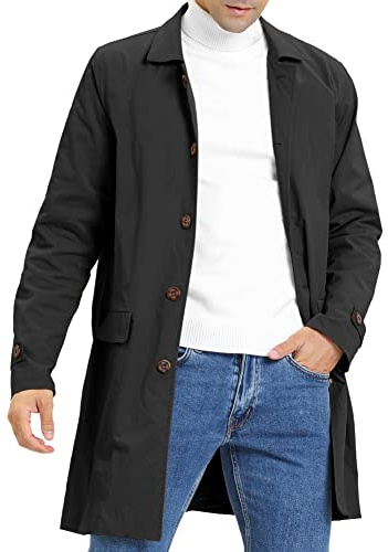 Feziakuk Trench pour homme, simple boutonnage, long, à revers léger, veste d'automne et d'hiver, veste demi-saison